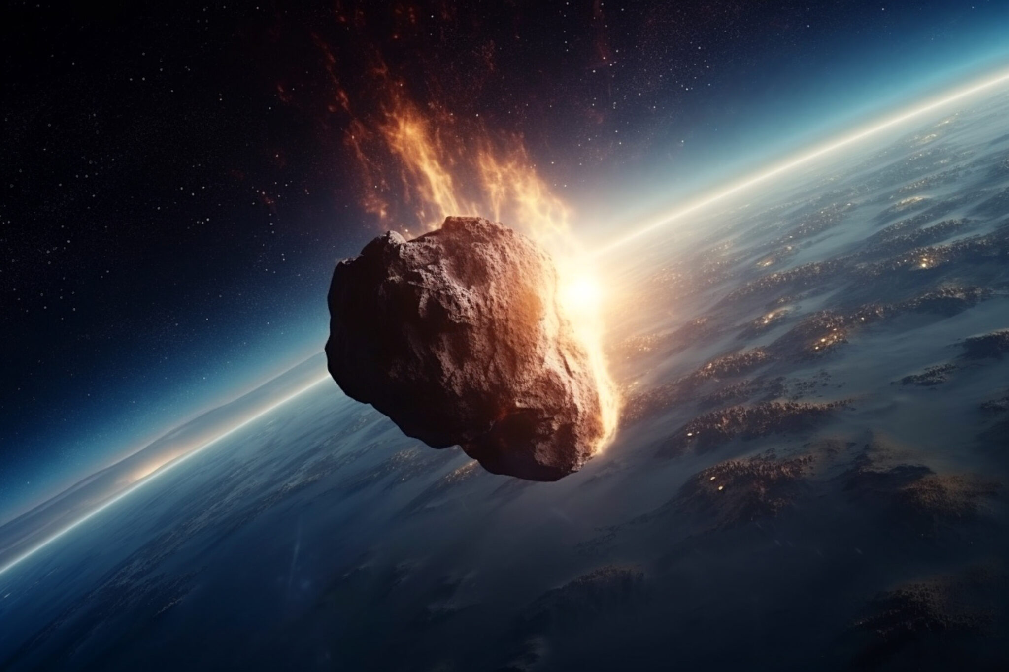A large meteorite burning as it enters Earth's atmosphere, glowing with intense heat against the backdrop of space.